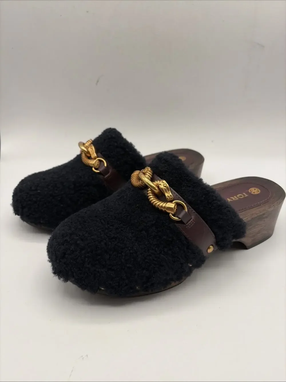 Tory Burch Jessa Shearling Clog Mules Womens 6M Gold Hardware Y2K Designer